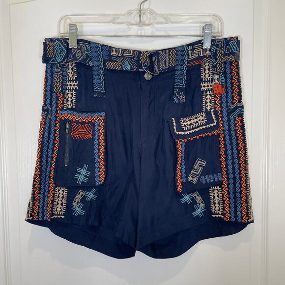 Johnny Was Biya Embroidered Shorts Multi Pockets Cinch Belt Bohemian Blue 6